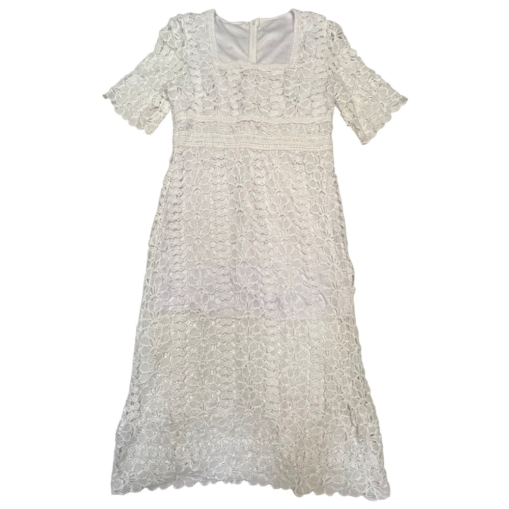 White Floral Lace Square Neck Short Sleeve Bridal Cottagecore Maxi Dress XXL